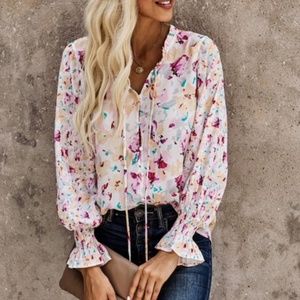 Bohemian Floral Print Button up Neck Tie Pink Top